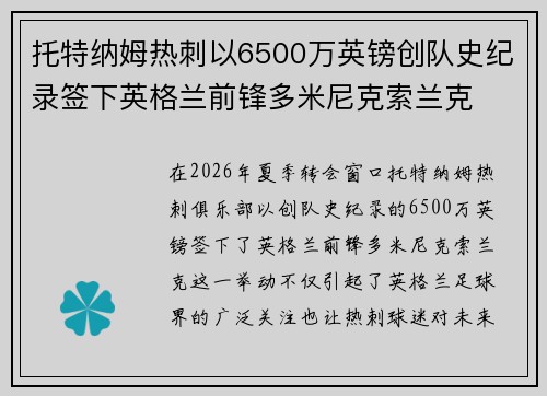 托特纳姆热刺以6500万英镑创队史纪录签下英格兰前锋多米尼克索兰克